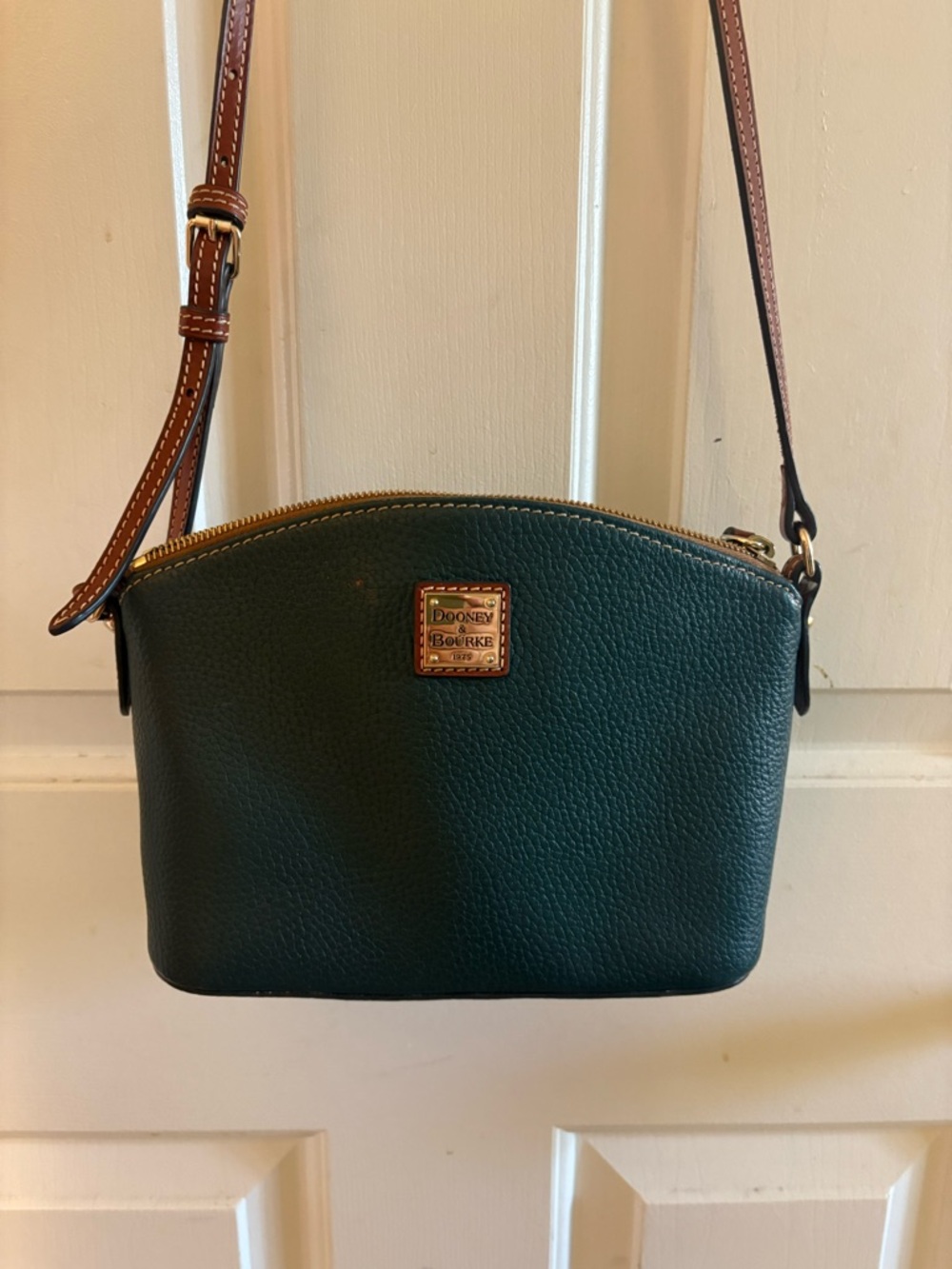 Dooney & Bourke Dark Green Pebbled Leather Crossbody with Brown Strap